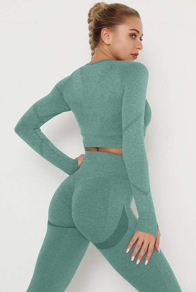 imageOLCHEE Womens 2 Piece Workout Outfit Leggings and Crop Top Yoga Set Green M