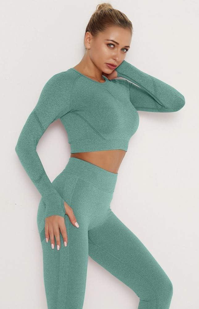 imageOLCHEE Womens 2 Piece Workout Outfit Leggings and Crop Top Yoga Set Green M