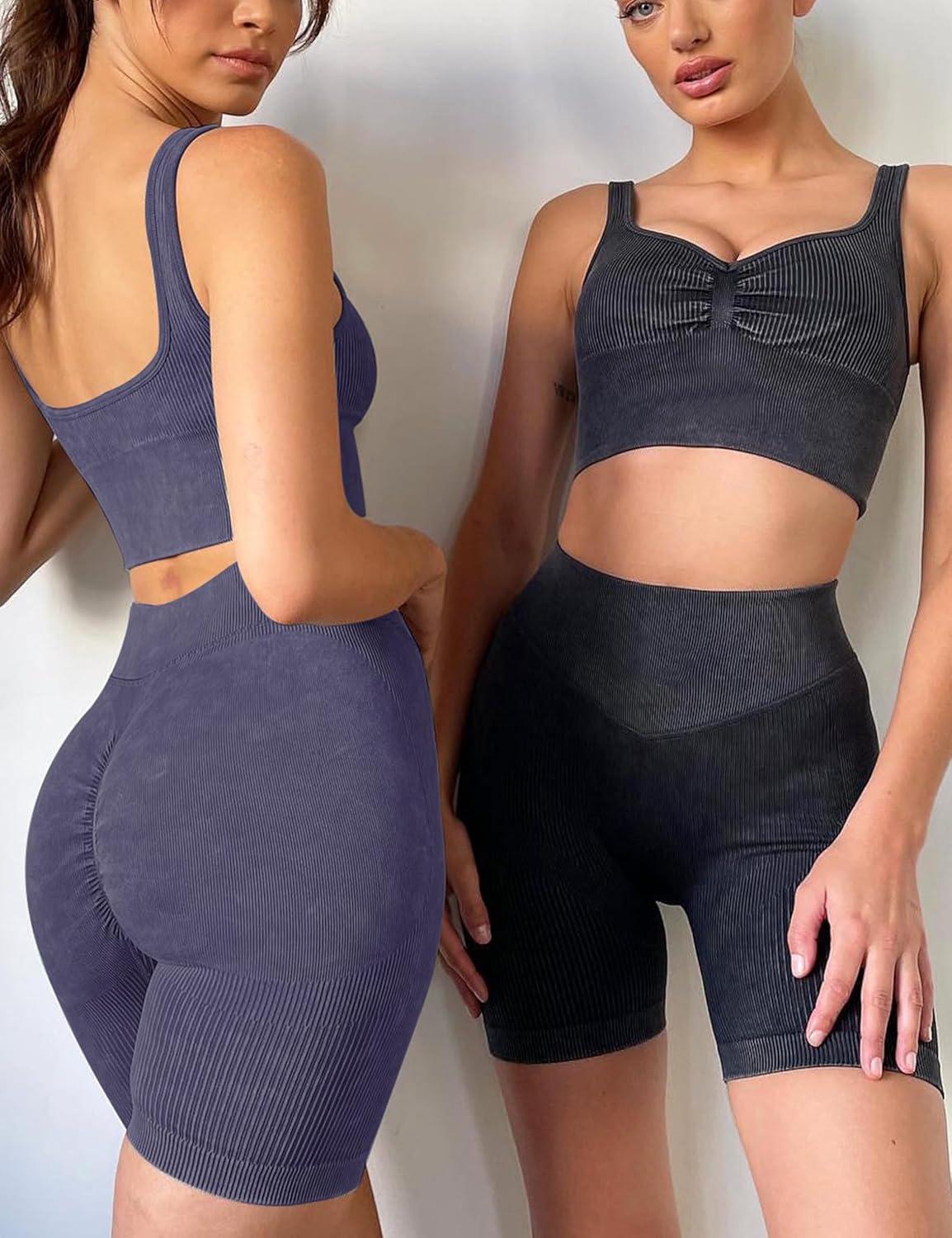 imageOLCHEE Womens Workout Sets 2 Piece Seamless Ribbed Acid Wash Yoga Outfits Shorts and Sports Bra Matching Gym SetBlack