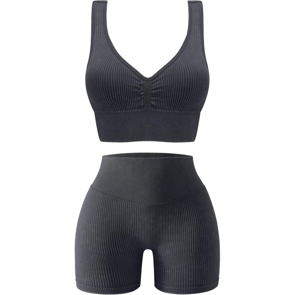 imageOLCHEE Womens Workout Sets 2 Piece Seamless Ribbed Acid Wash Yoga Outfits Shorts and Sports Bra Matching Gym SetBlack