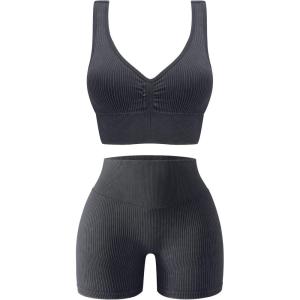 OLCHEE Womens Workout Sets 2 Piece Seamless Ribbed Acid Wash Yoga Outfits Shorts and Sports Bra Matching Gym Set(Black)