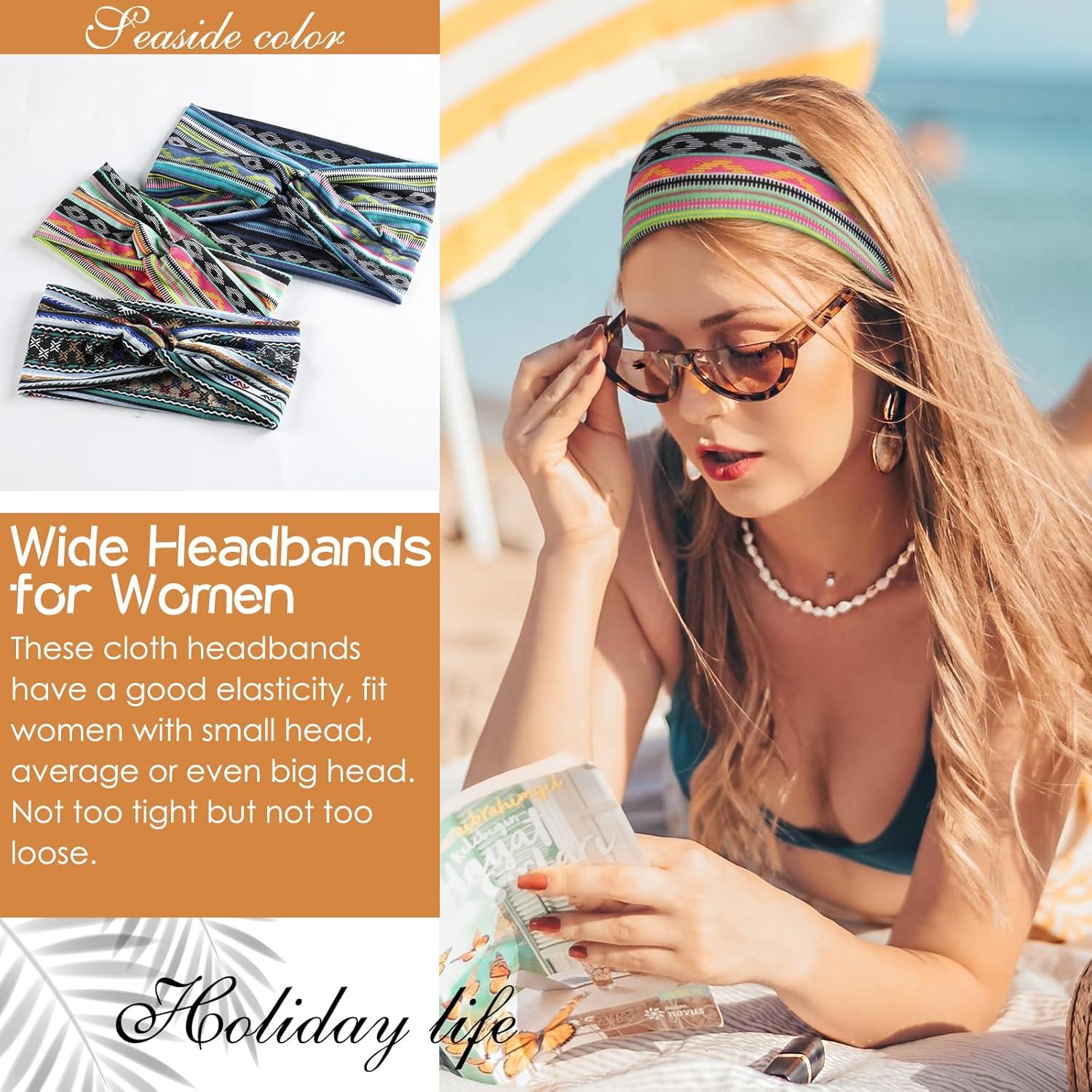 imageAchiou Boho Headbands for Women Twist Knotted Head Bands for Womens Curly Hair Non Slip Wide Turban Cloth Hairbands Elastic Hair Accessories for Girls Yoga 6 Pack Two SizeCombination C
