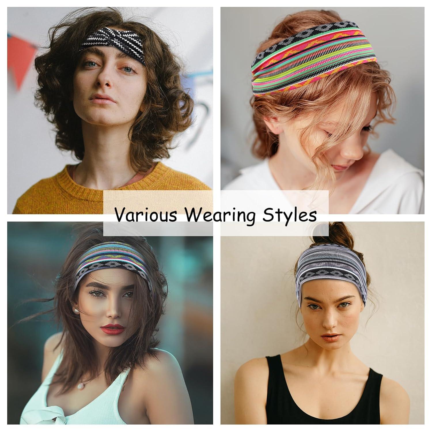 imageAchiou Boho Headbands for Women Twist Knotted Head Bands for Womens Curly Hair Non Slip Wide Turban Cloth Hairbands Elastic Hair Accessories for Girls Yoga 6 Pack Two SizeCombination C