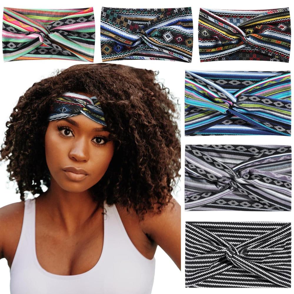 imageAchiou Boho Headbands for Women Twist Knotted Head Bands for Womens Curly Hair Non Slip Wide Turban Cloth Hairbands Elastic Hair Accessories for Girls Yoga 6 Pack Two SizeCombination C