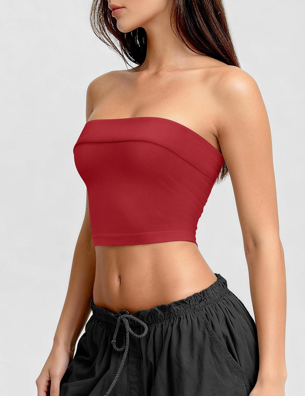 imageOLCHEE Womens 2PK Tube Tops Off Shoulder Seamless Ribbed Strapless Sleeveless Side Ruched Slim Fitted Summer Going Out TopBandeau Black Red