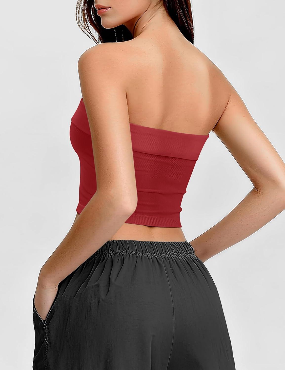 imageOLCHEE Womens 2PK Tube Tops Off Shoulder Seamless Ribbed Strapless Sleeveless Side Ruched Slim Fitted Summer Going Out TopBandeau Black Red