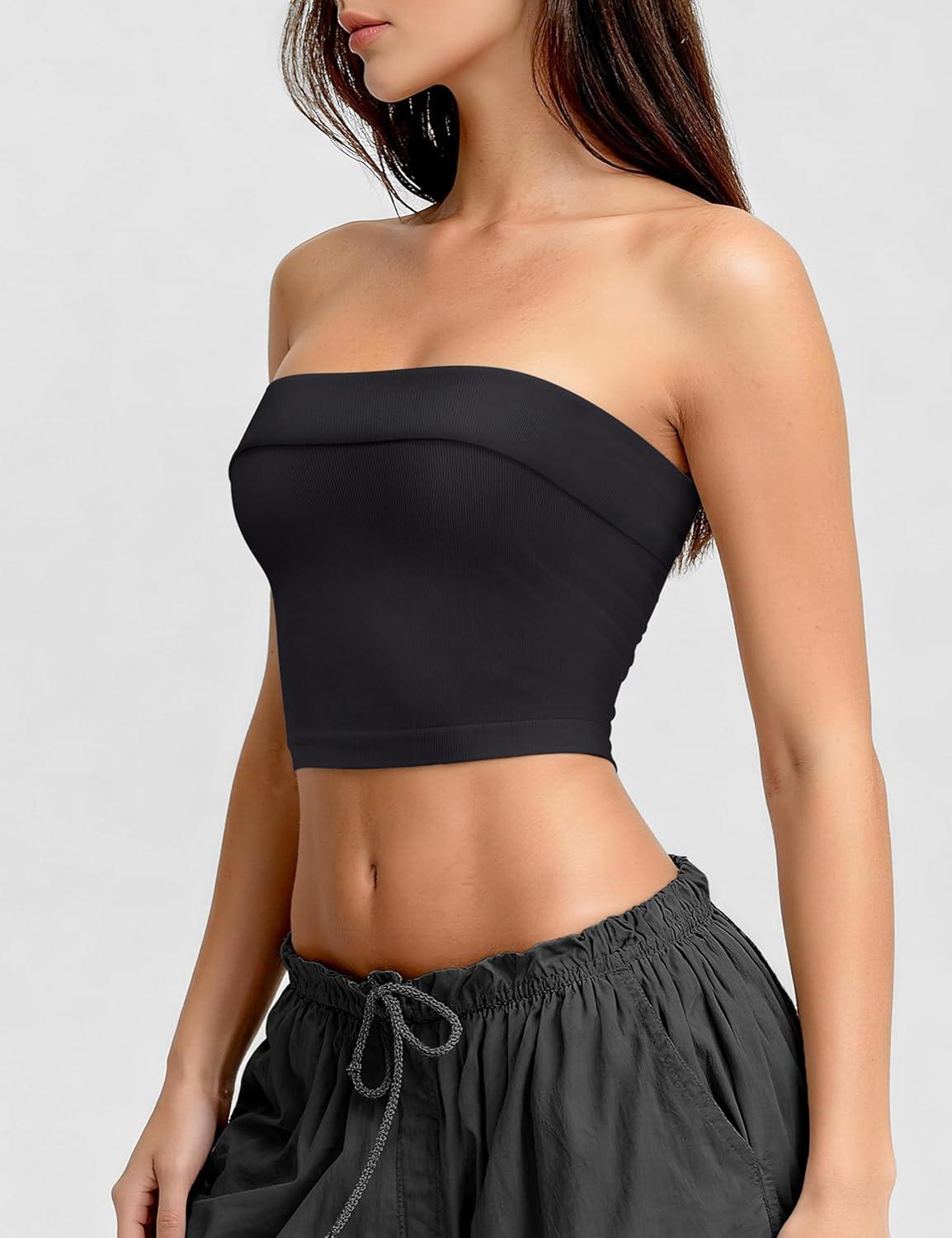 imageOLCHEE Womens 2PK Tube Tops Off Shoulder Seamless Ribbed Strapless Sleeveless Side Ruched Slim Fitted Summer Going Out TopBandeau Black