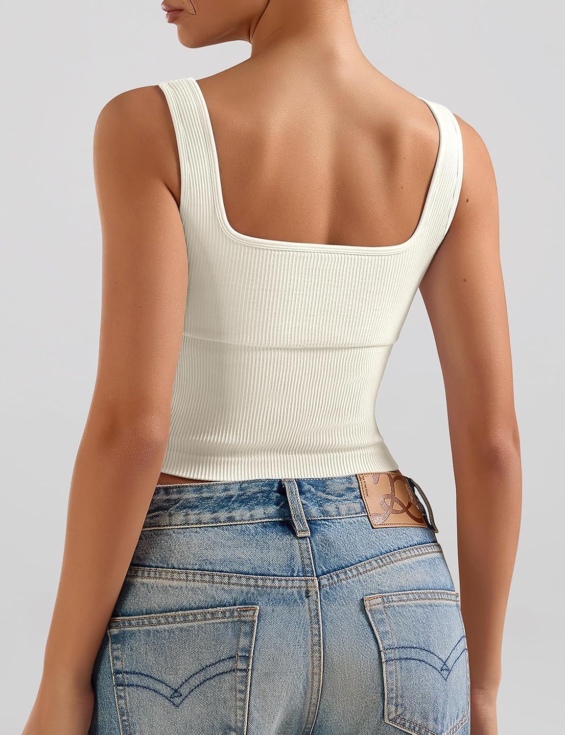 imageOLCHEE Womens 3 Pack Crop Tank Tops Basic Seamless Ribbed Sleeveless Square Neck Workout Top Summer Exercise Yoga Gym ShirtsPadded Beige Navy