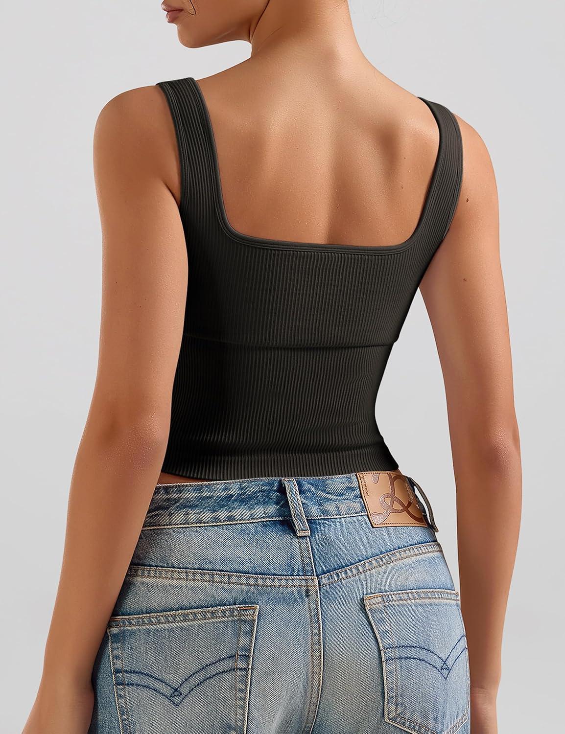 imageOLCHEE Womens 3 Pack Crop Tank Tops Basic Seamless Ribbed Sleeveless Square Neck Workout Top Summer Exercise Yoga Gym ShirtsPadded Black Beige