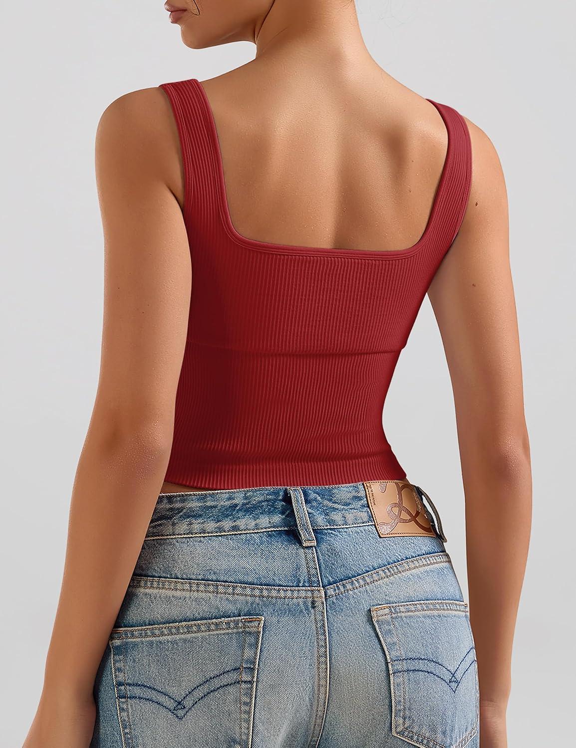 imageOLCHEE Womens 3 Pack Crop Tank Tops Basic Seamless Ribbed Sleeveless Square Neck Workout Top Summer Exercise Yoga Gym ShirtsPadded Black Red