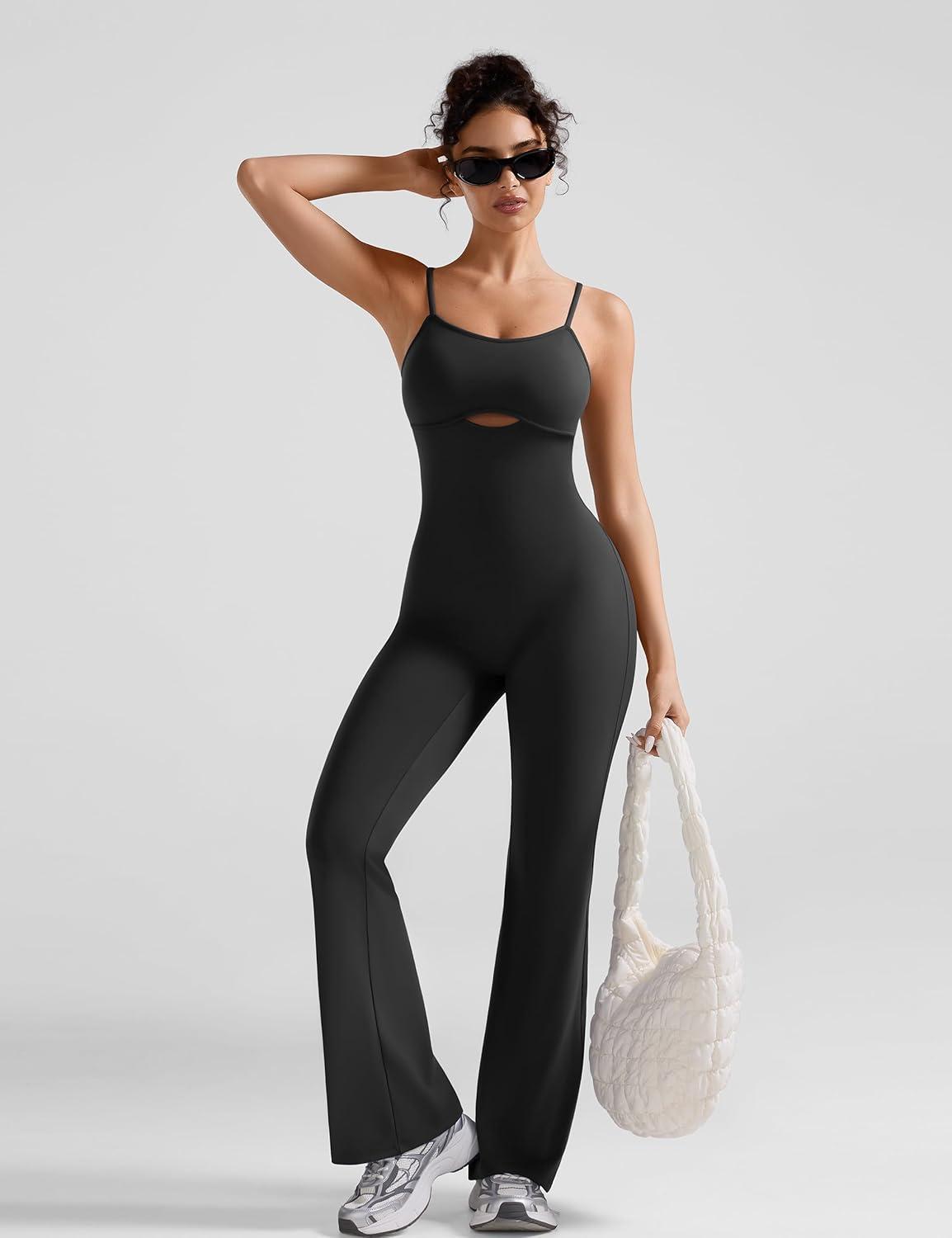 imageOLCHEE Womens Workout Flare Jumpsuits One Piece Backless Criss Cross Adjustable Straps Gym Yoga Rompers Removable PaddedBlack