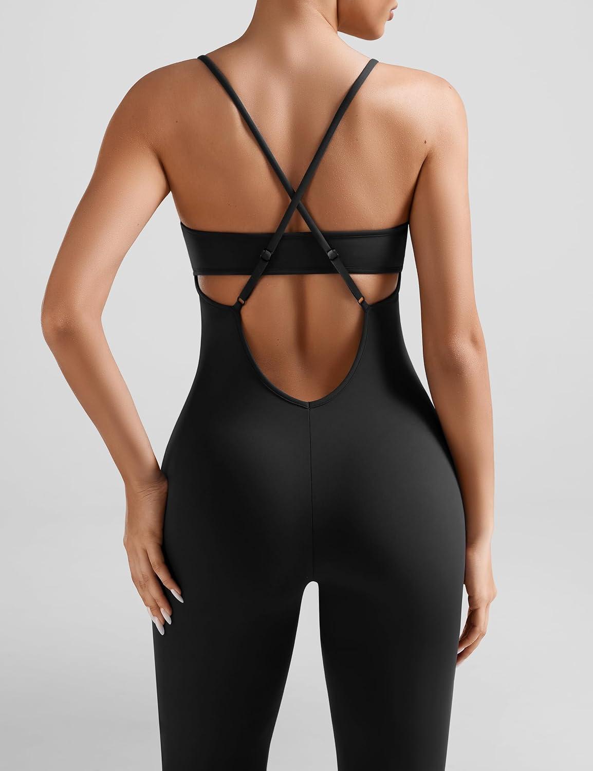 imageOLCHEE Womens Workout Flare Jumpsuits One Piece Backless Criss Cross Adjustable Straps Gym Yoga Rompers Removable PaddedBlack