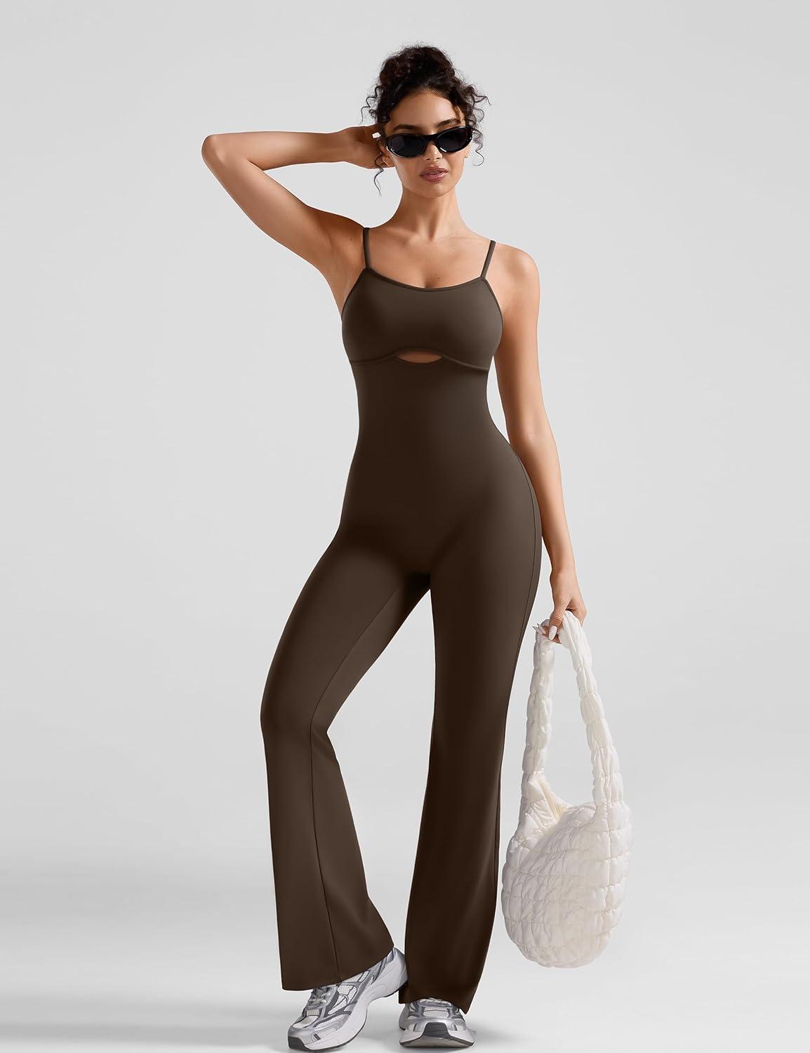 imageOLCHEE Womens Workout Flare Jumpsuits One Piece Backless Criss Cross Adjustable Straps Gym Yoga Rompers Removable PaddedDeep Brown