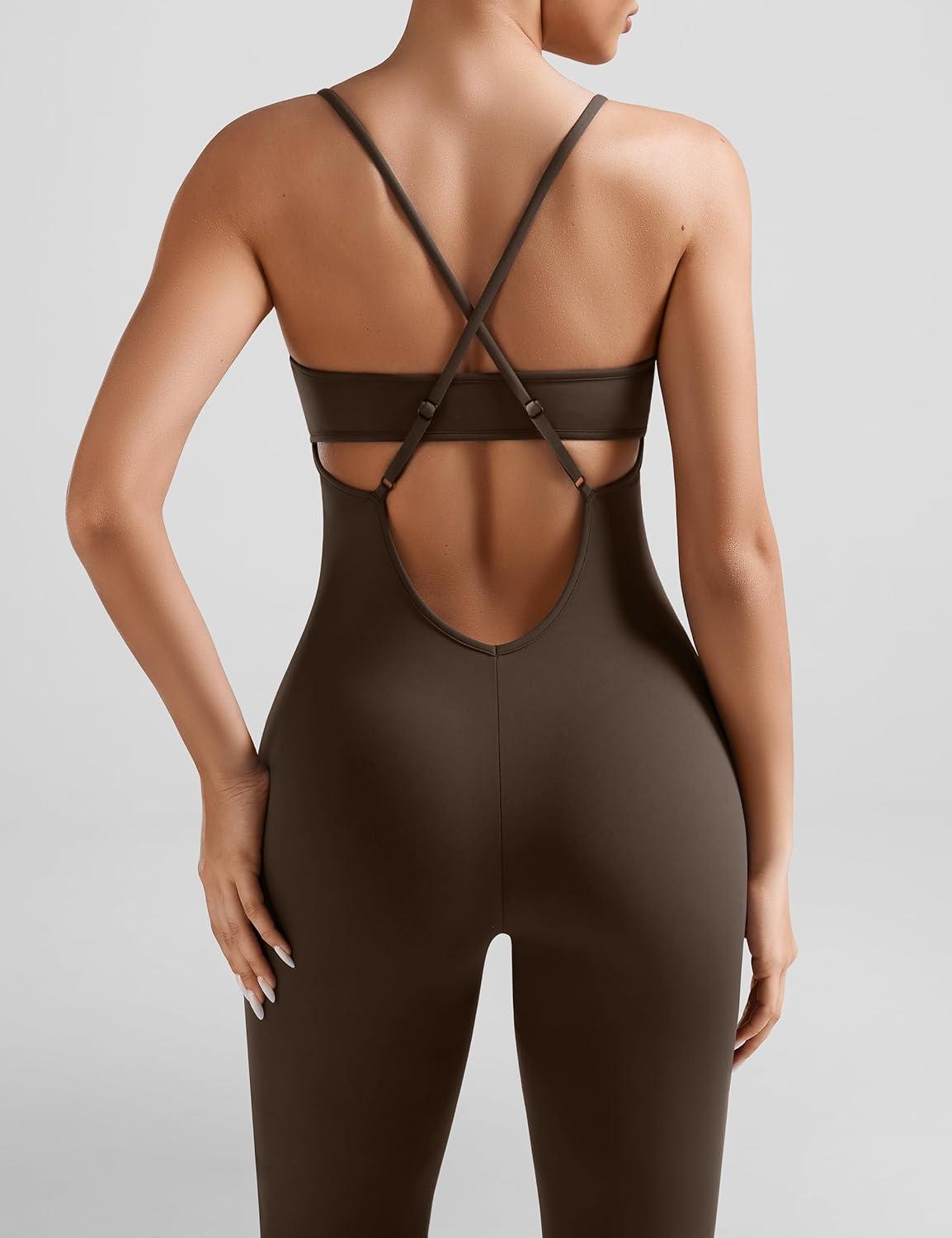 imageOLCHEE Womens Workout Flare Jumpsuits One Piece Backless Criss Cross Adjustable Straps Gym Yoga Rompers Removable PaddedDeep Brown