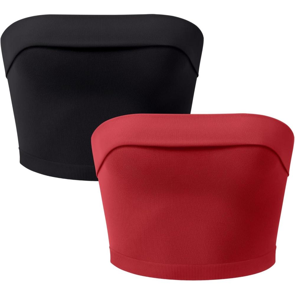 imageOLCHEE Womens 2PK Tube Tops Off Shoulder Seamless Ribbed Strapless Sleeveless Side Ruched Slim Fitted Summer Going Out TopBandeau Black Red