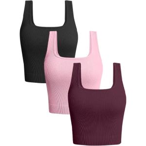 OLCHEE Womens 3 Pack Crop Tank Tops Basic Seamless Ribbed Sleeveless Square Neck Workout Top Summer Exercise Yoga Gym Shirts(Black + Light Pink + Plum)