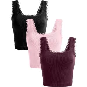 OLCHEE Womens 3 Pack Crop Tank Tops Basic Seamless Ribbed Sleeveless Square Neck Workout Top Summer Exercise Yoga Gym Shirts(Lace : Black + Light Pink + Plum)