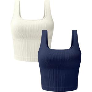 OLCHEE Womens 3 Pack Crop Tank Tops Basic Seamless Ribbed Sleeveless Square Neck Workout Top Summer Exercise Yoga Gym Shirts(Padded: Beige + Navy)