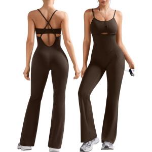 OLCHEE Womens Workout Flare Jumpsuits One Piece Backless Criss Cross Adjustable Straps Gym Yoga Rompers Removable Padded(Deep Brown)