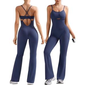 OLCHEE Womens Workout Flare Jumpsuits One Piece Backless Criss Cross Adjustable Straps Gym Yoga Rompers Removable Padded(Navy)