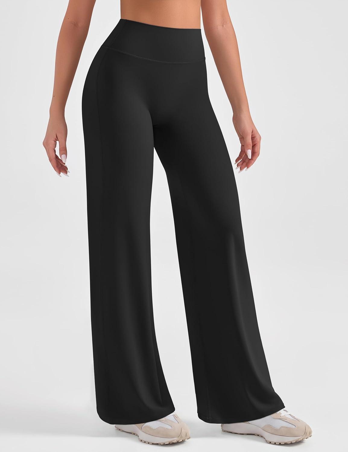 imageOLCHEE Womens Yoga Pants Wide Leg Straight Leggings High Waist No Front Seam Causal Stretch Gym Workout Bottom Butt LiftingBlack