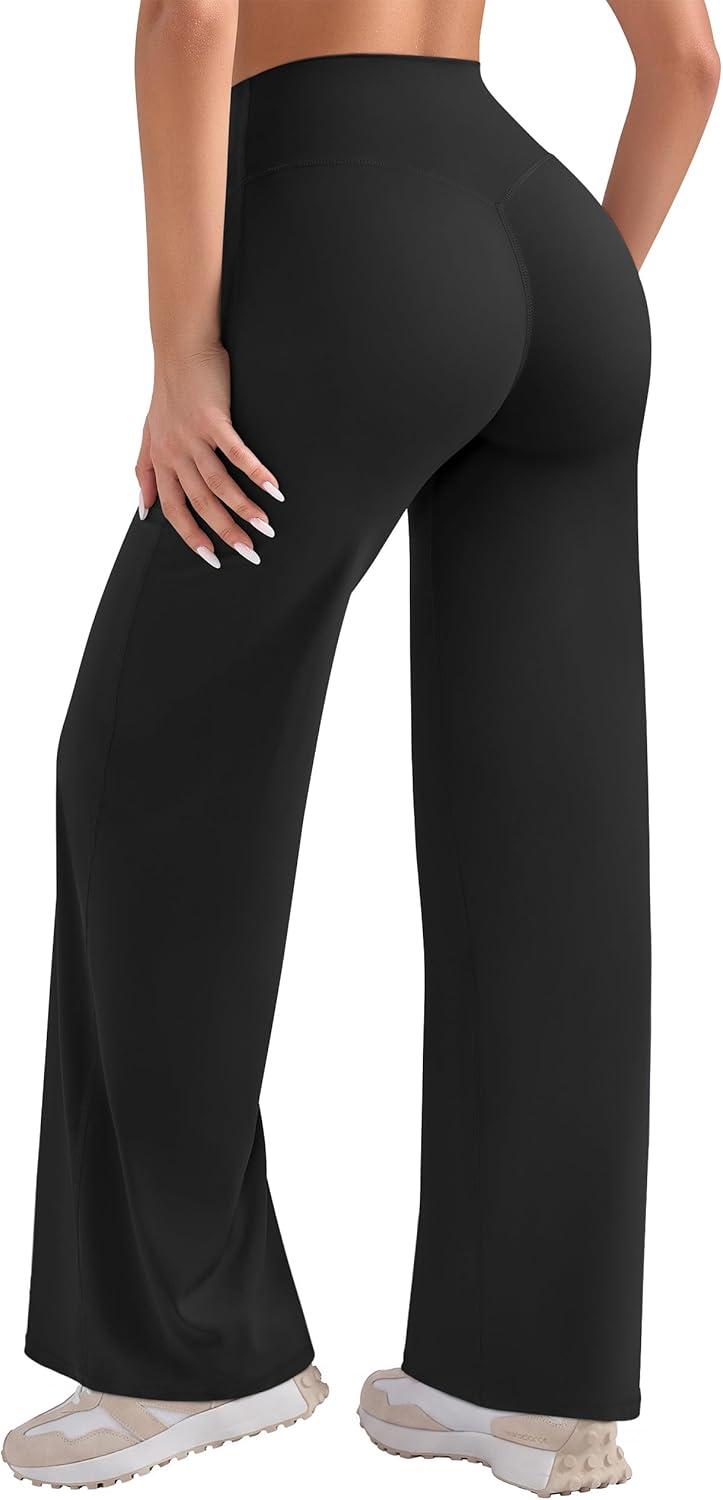 imageOLCHEE Womens Yoga Pants Wide Leg Straight Leggings High Waist No Front Seam Causal Stretch Gym Workout Bottom Butt LiftingBlack