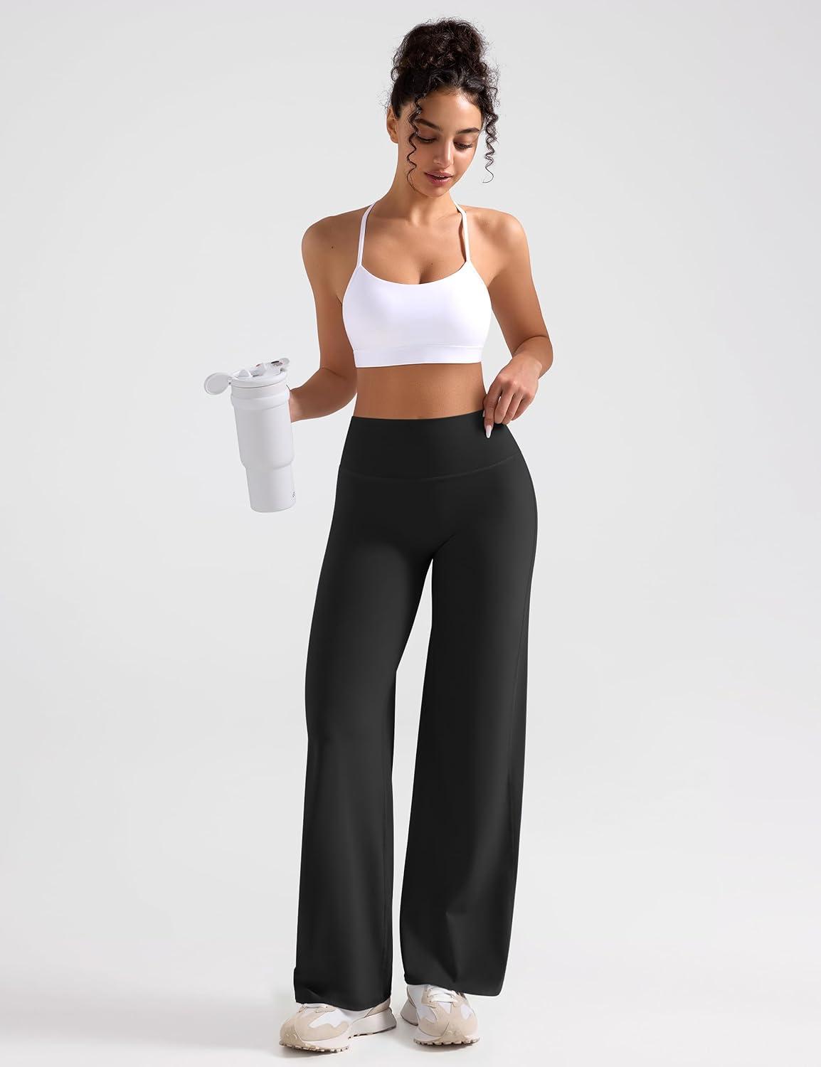 imageOLCHEE Womens Yoga Pants Wide Leg Straight Leggings High Waist No Front Seam Causal Stretch Gym Workout Bottom Butt LiftingBlack