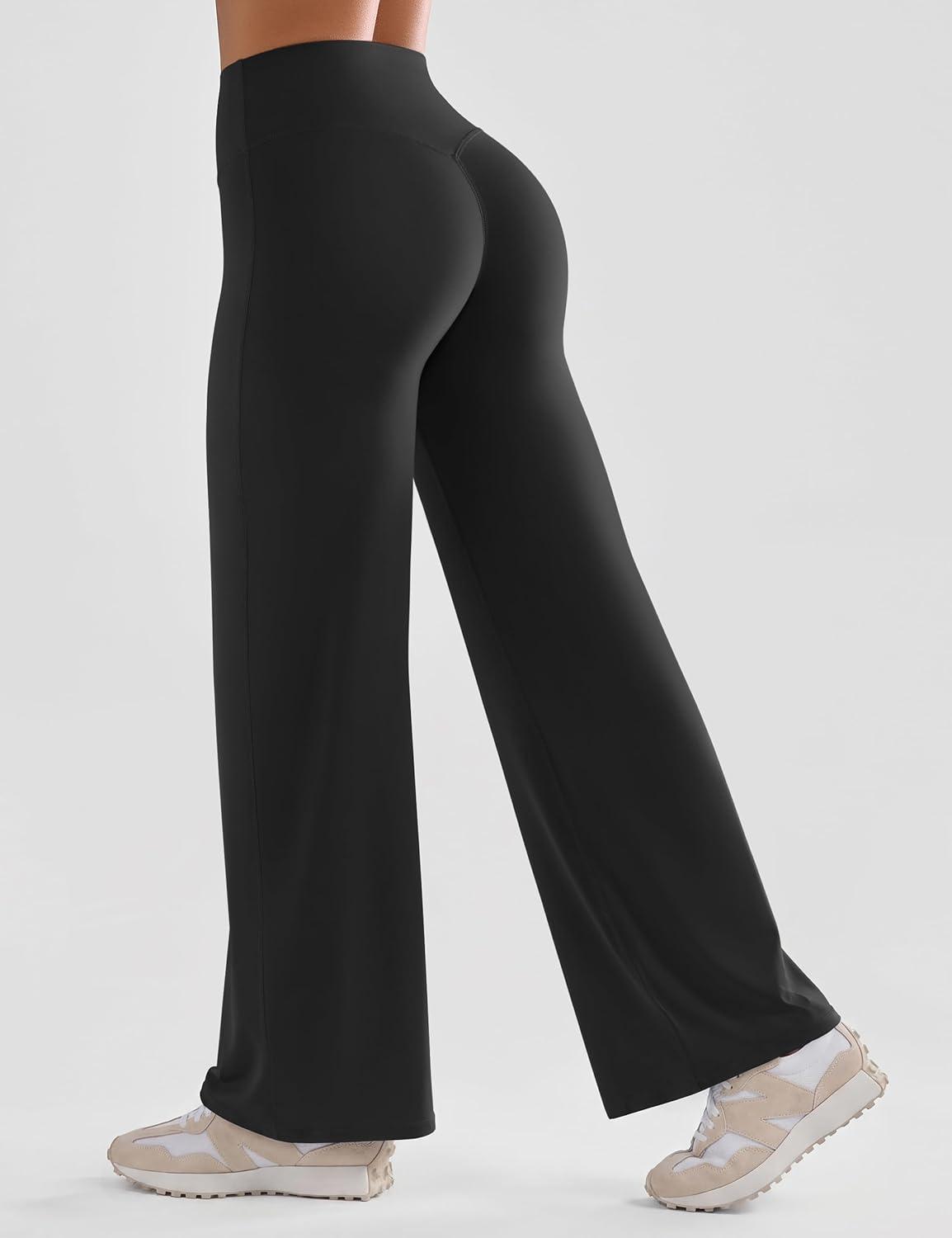 imageOLCHEE Womens Yoga Pants Wide Leg Straight Leggings High Waist No Front Seam Causal Stretch Gym Workout Bottom Butt LiftingBlack