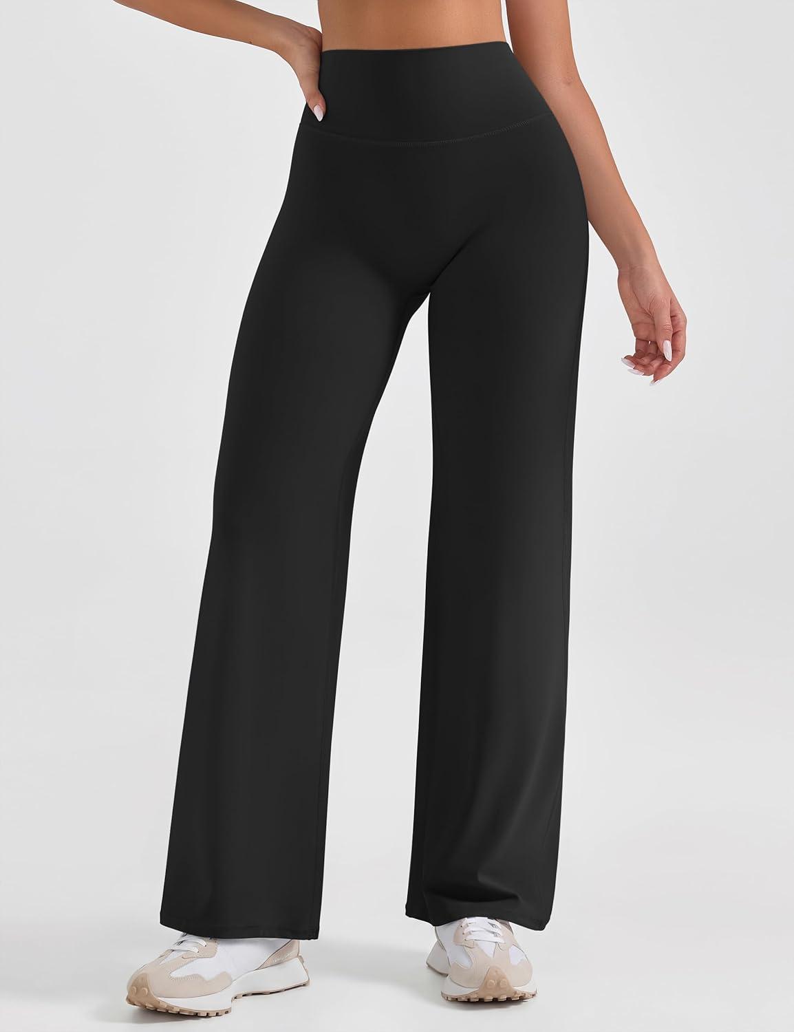 imageOLCHEE Womens Yoga Pants Wide Leg Straight Leggings High Waist No Front Seam Causal Stretch Gym Workout Bottom Butt LiftingBlack