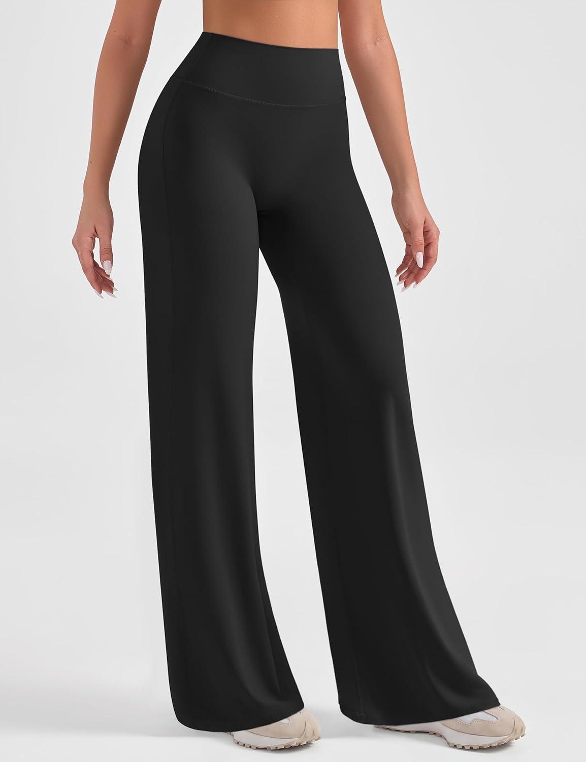 imageOLCHEE Womens Yoga Pants Wide Leg Straight Leggings High Waist No Front Seam Causal Stretch Gym Workout Bottom Butt LiftingBlack