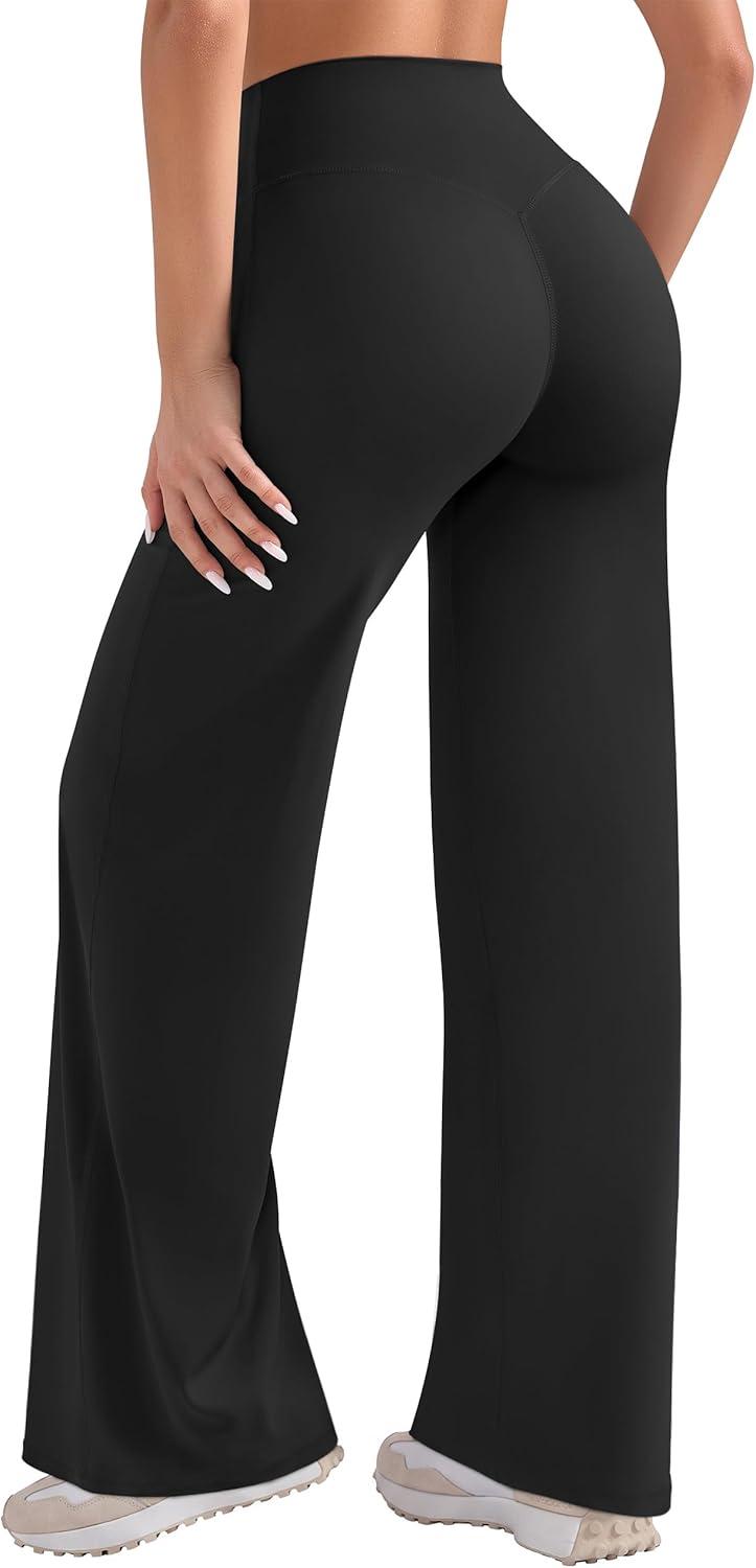 imageOLCHEE Womens Yoga Pants Wide Leg Straight Leggings High Waist No Front Seam Causal Stretch Gym Workout Bottom Butt LiftingBlack