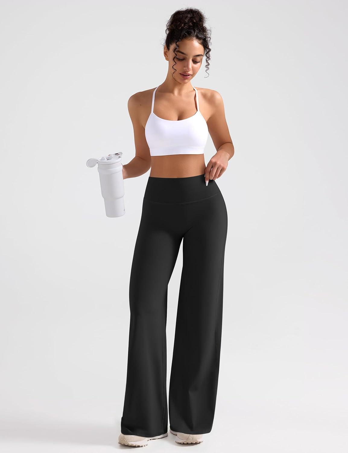 imageOLCHEE Womens Yoga Pants Wide Leg Straight Leggings High Waist No Front Seam Causal Stretch Gym Workout Bottom Butt LiftingBlack
