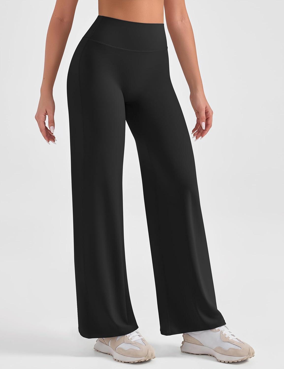 imageOLCHEE Womens Yoga Pants Wide Leg Straight Leggings High Waist No Front Seam Causal Stretch Gym Workout Bottom Butt LiftingBlack