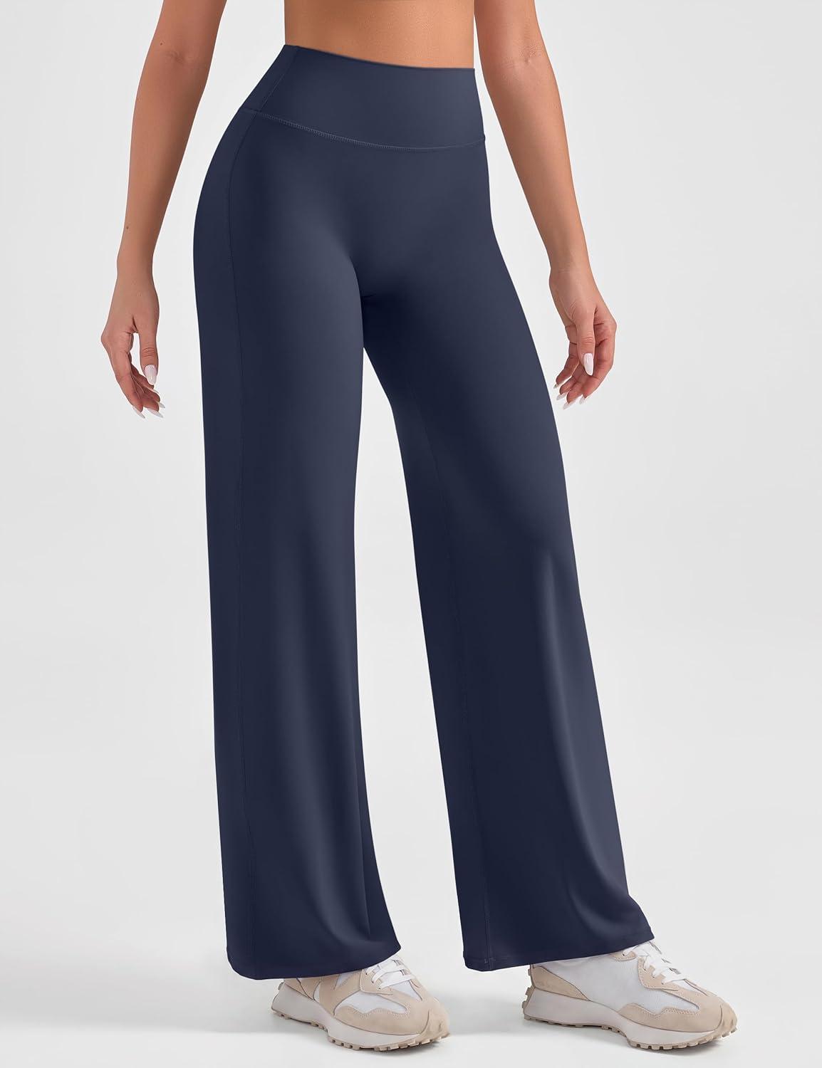 imageOLCHEE Womens Yoga Pants Wide Leg Straight Leggings High Waist No Front Seam Causal Stretch Gym Workout Bottom Butt LiftingNavy Blue