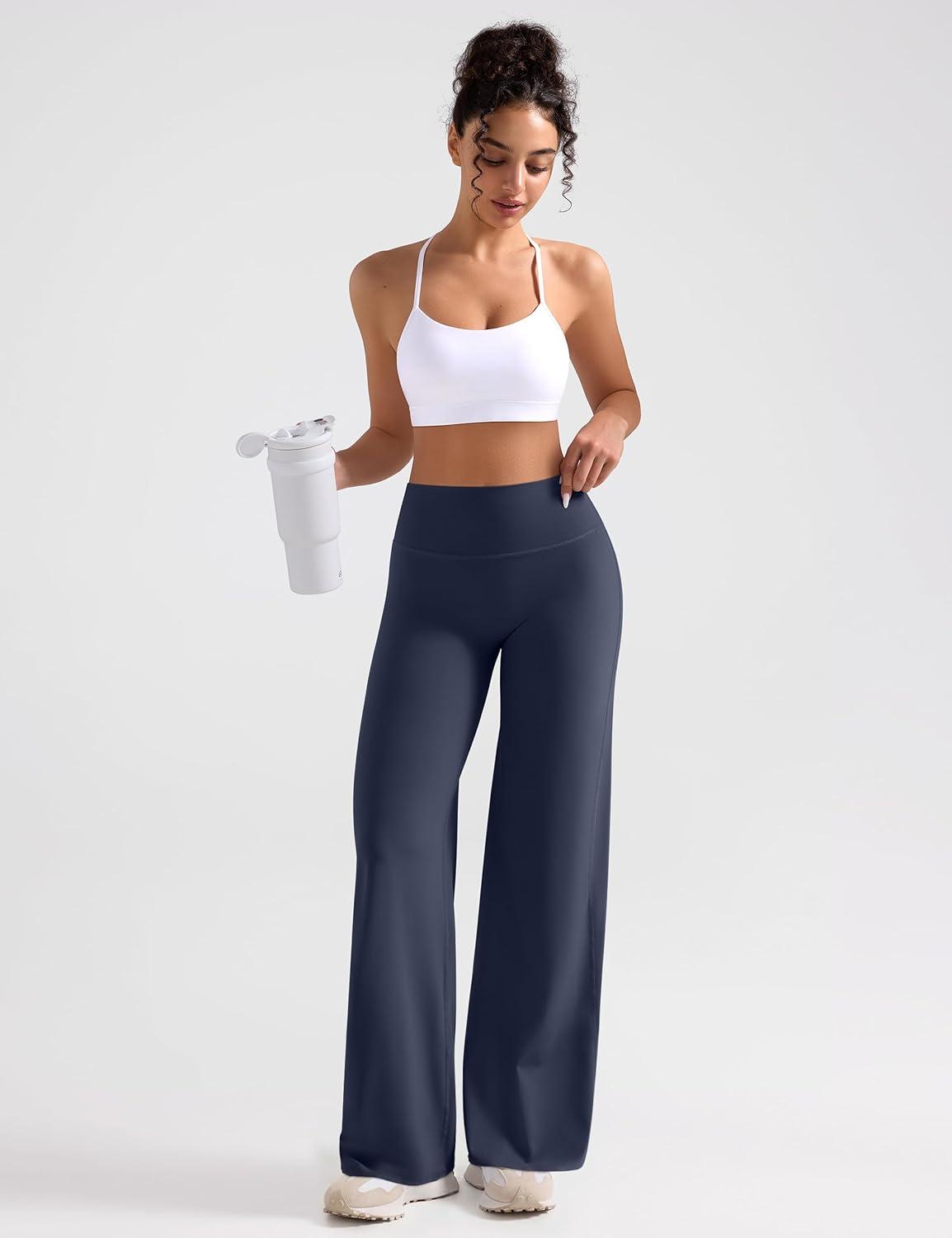 imageOLCHEE Womens Yoga Pants Wide Leg Straight Leggings High Waist No Front Seam Causal Stretch Gym Workout Bottom Butt LiftingNavy Blue