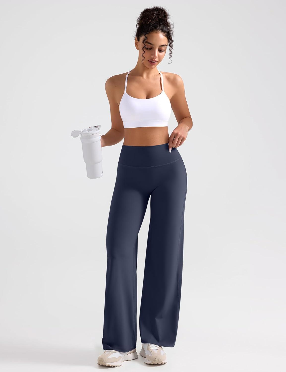 imageOLCHEE Womens Yoga Pants Wide Leg Straight Leggings High Waist No Front Seam Causal Stretch Gym Workout Bottom Butt LiftingNavy Blue