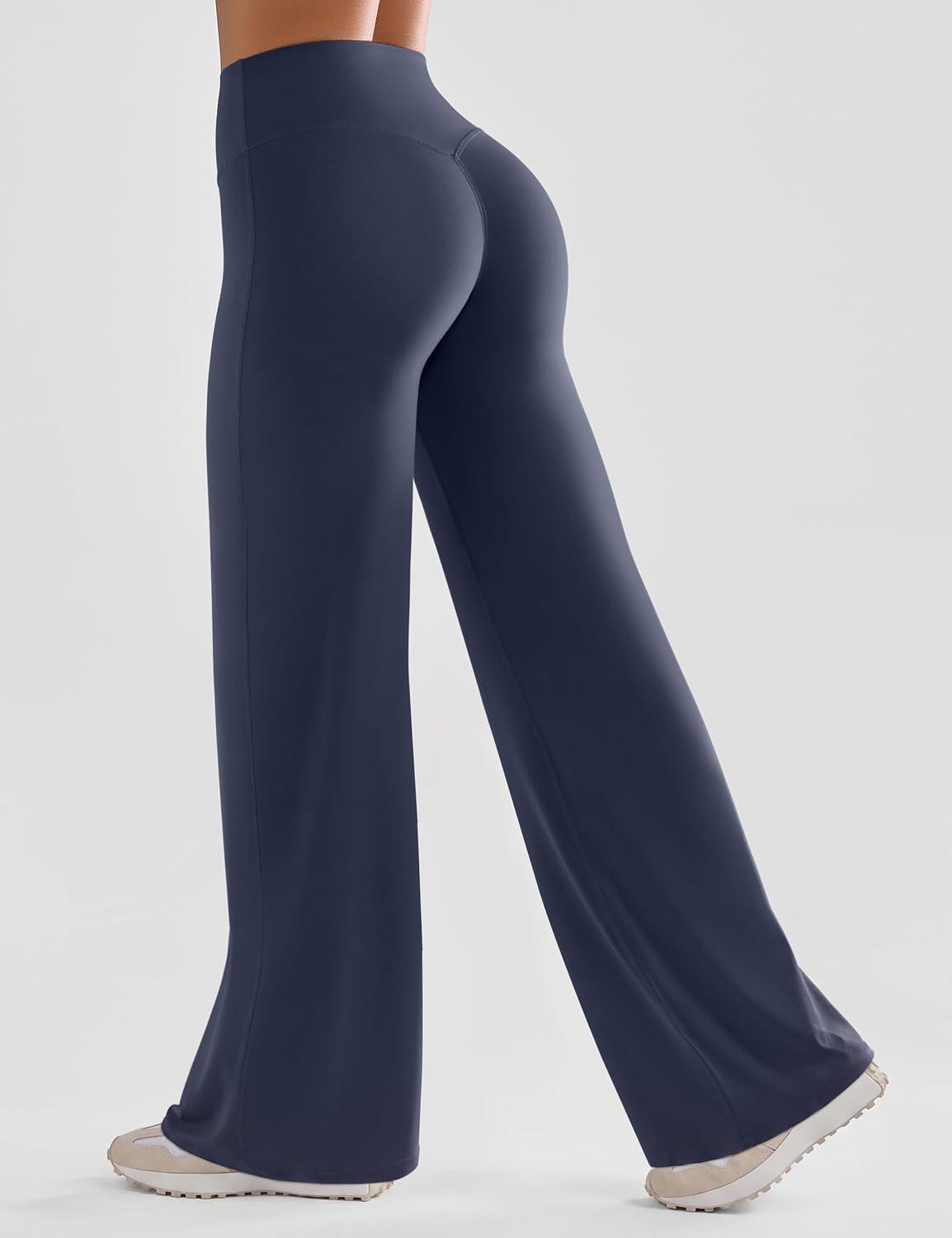 imageOLCHEE Womens Yoga Pants Wide Leg Straight Leggings High Waist No Front Seam Causal Stretch Gym Workout Bottom Butt LiftingNavy Blue