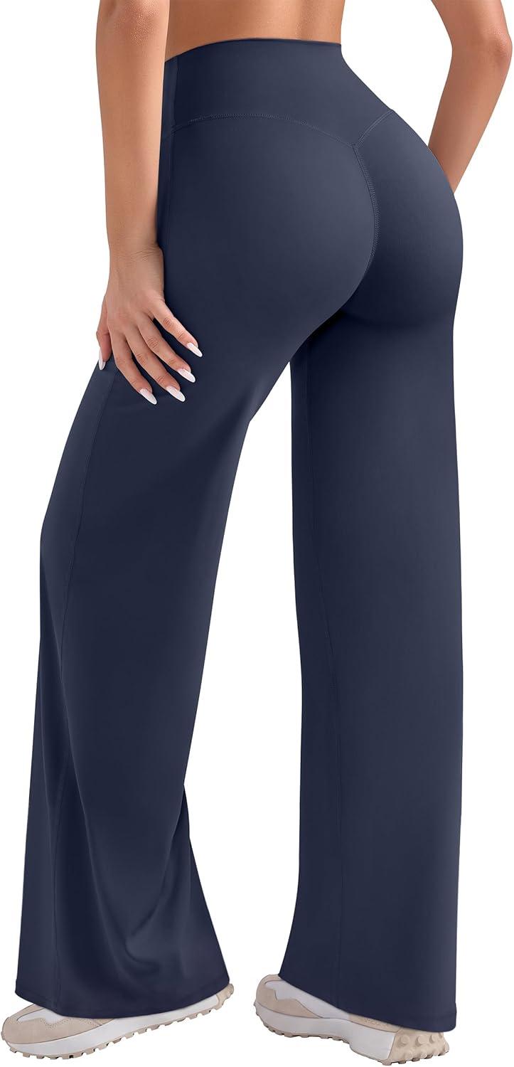imageOLCHEE Womens Yoga Pants Wide Leg Straight Leggings High Waist No Front Seam Causal Stretch Gym Workout Bottom Butt LiftingNavy Blue