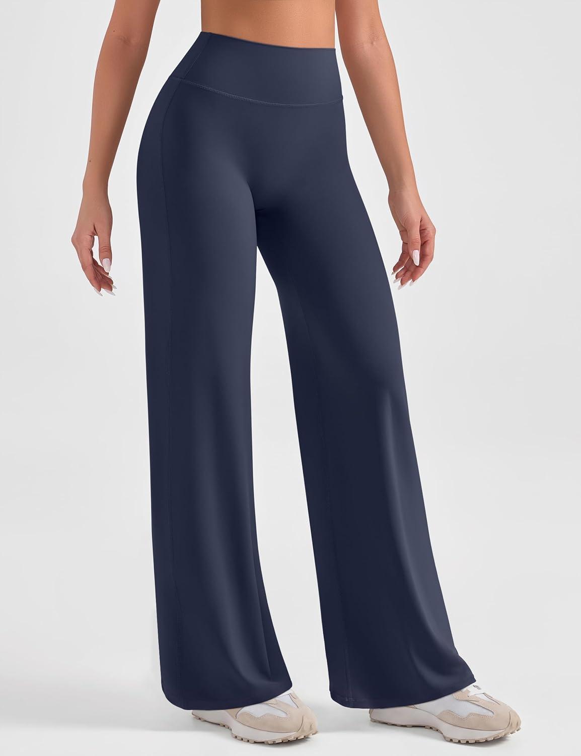 imageOLCHEE Womens Yoga Pants Wide Leg Straight Leggings High Waist No Front Seam Causal Stretch Gym Workout Bottom Butt LiftingNavy Blue