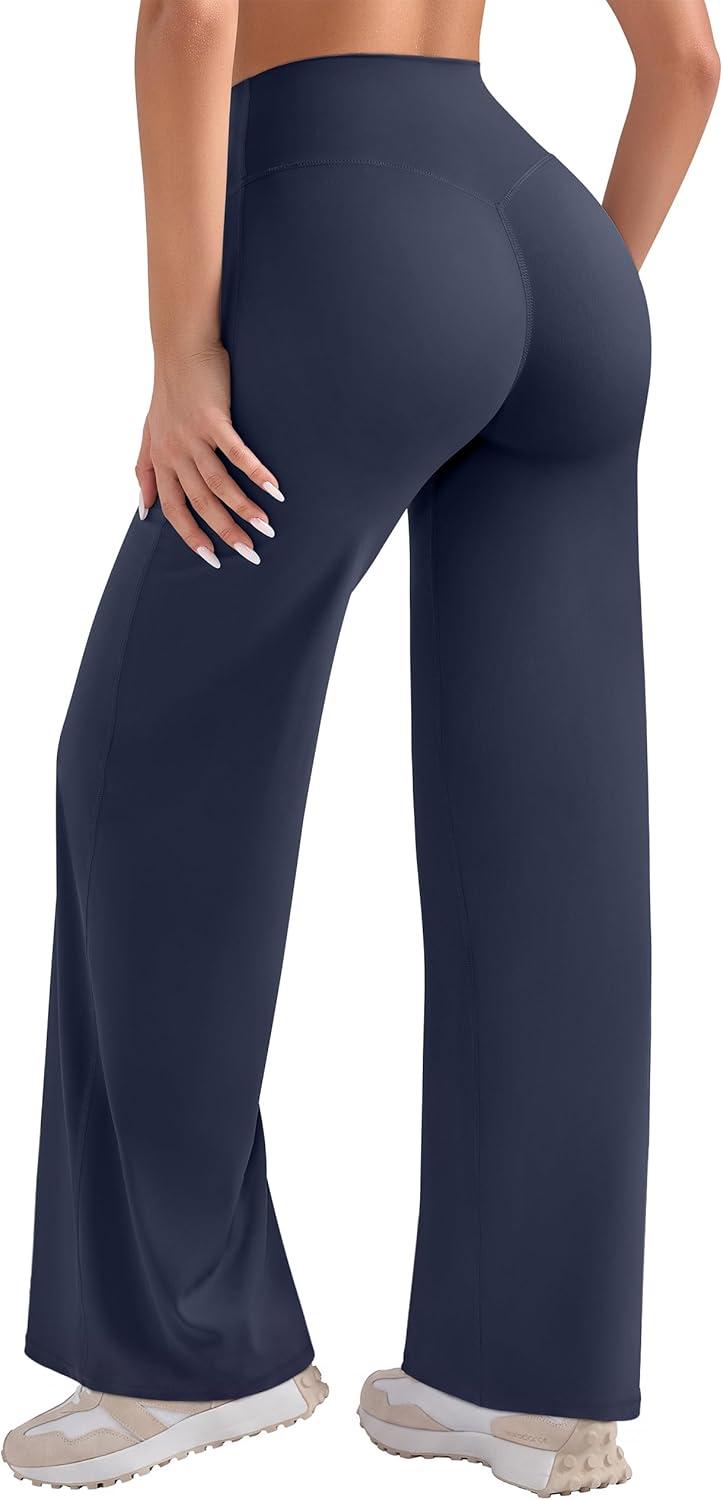 imageOLCHEE Womens Yoga Pants Wide Leg Straight Leggings High Waist No Front Seam Causal Stretch Gym Workout Bottom Butt LiftingNavy Blue