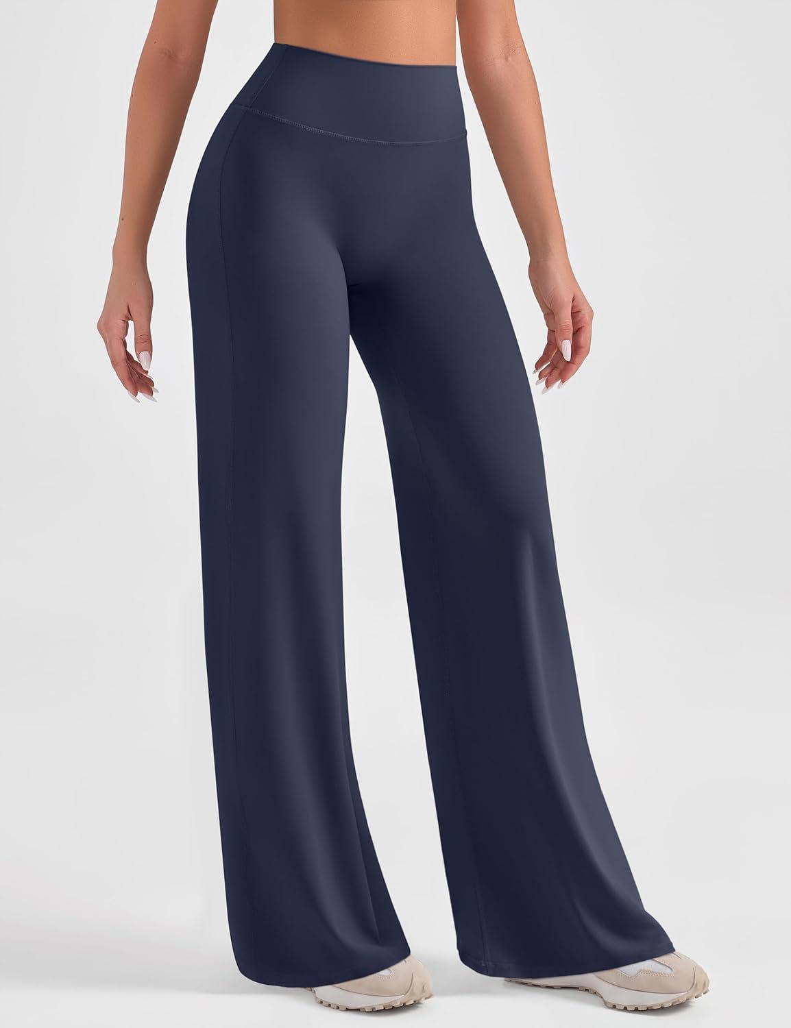 imageOLCHEE Womens Yoga Pants Wide Leg Straight Leggings High Waist No Front Seam Causal Stretch Gym Workout Bottom Butt LiftingNavy Blue