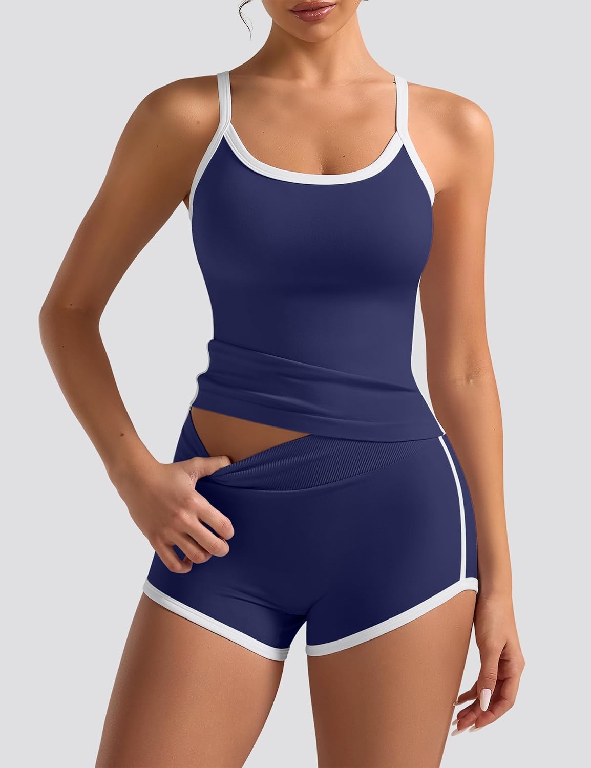 image:imageOLCHEE Womens Workout Sets 2 Piece Contrast Trim Cami Tank Top Mini Gym Shorts Adjustable Strap Yoga Casual Lounge OutfitNavy