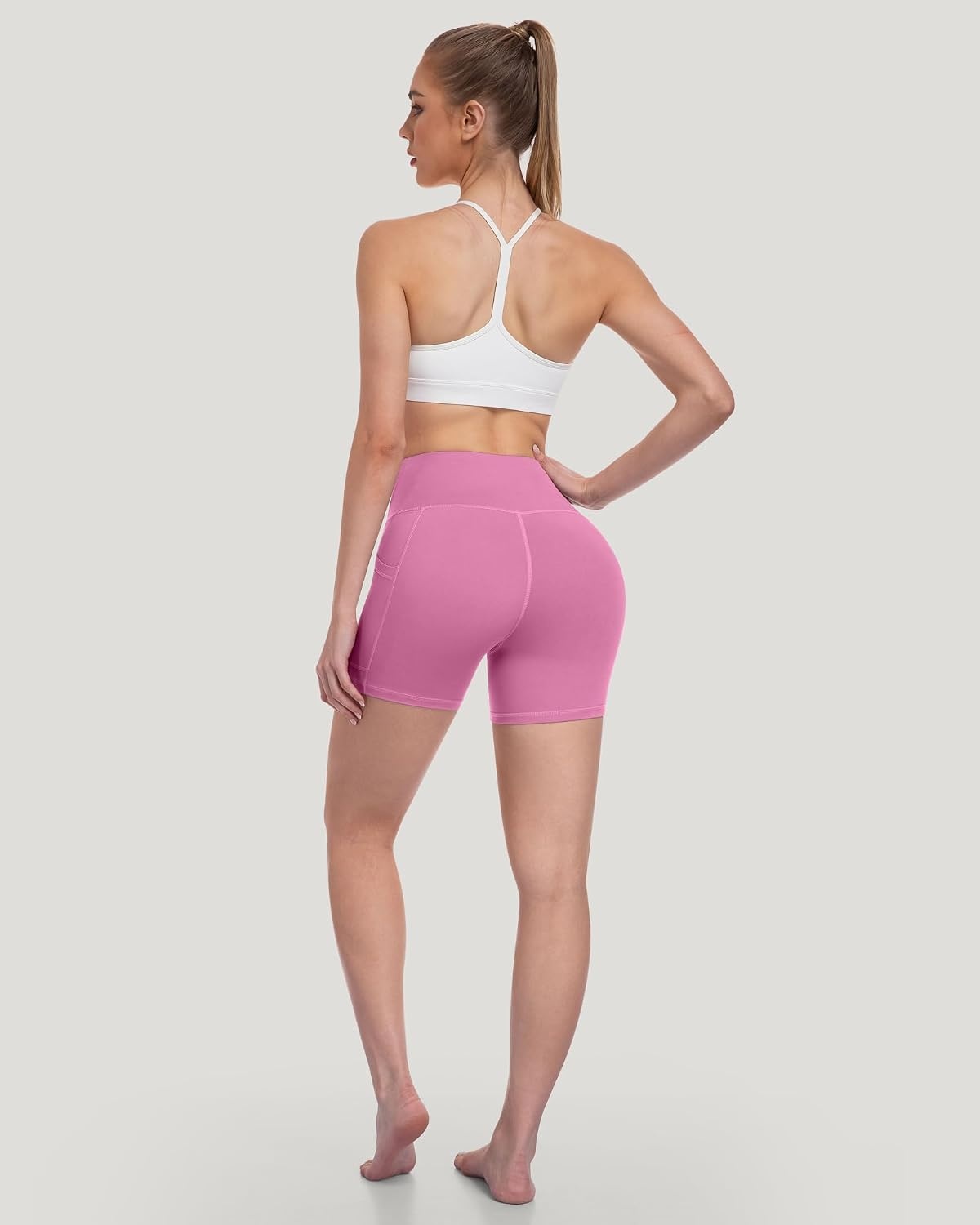 image:imageLZYVOO Women 5 Biker Shorts with Pockets High Waist Tummy Control Workout Yoga ShortsBlackBlackBlackGreyBaby PinkLight BlueMint