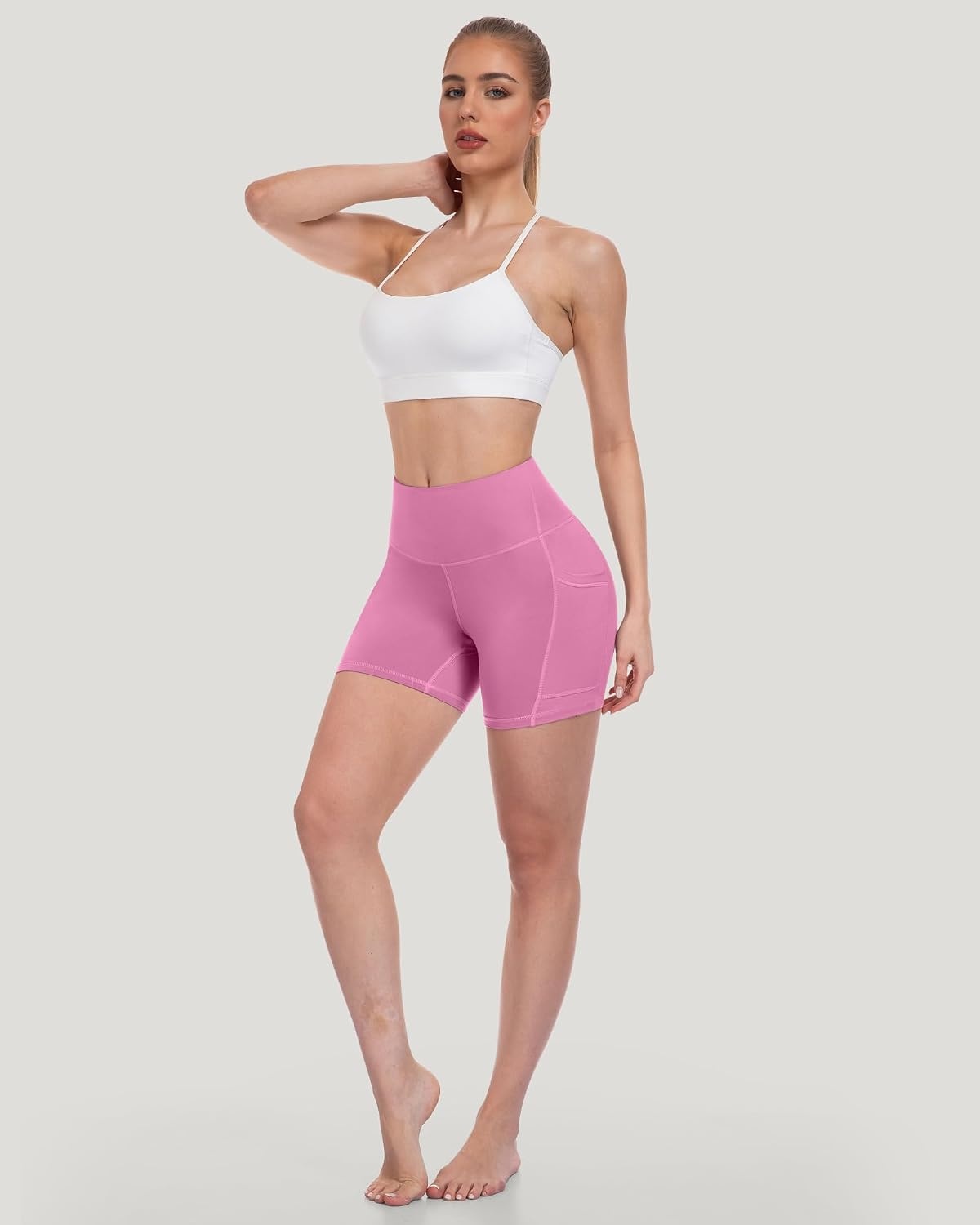 image:imageLZYVOO Women 5 Biker Shorts with Pockets High Waist Tummy Control Workout Yoga ShortsBlackBlackBlackGreyBaby PinkLight BlueMint