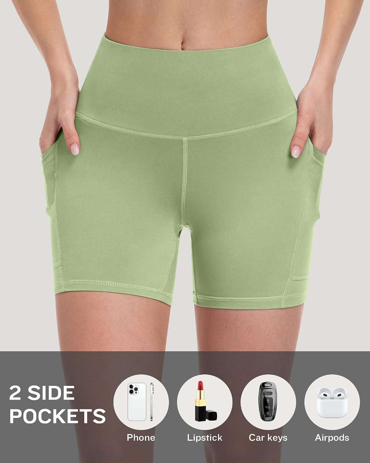 image:imageLZYVOO Women 5 Biker Shorts with Pockets High Waist Tummy Control Workout Yoga ShortsBlackBlackBlackGreyBaby PinkLight BlueMint