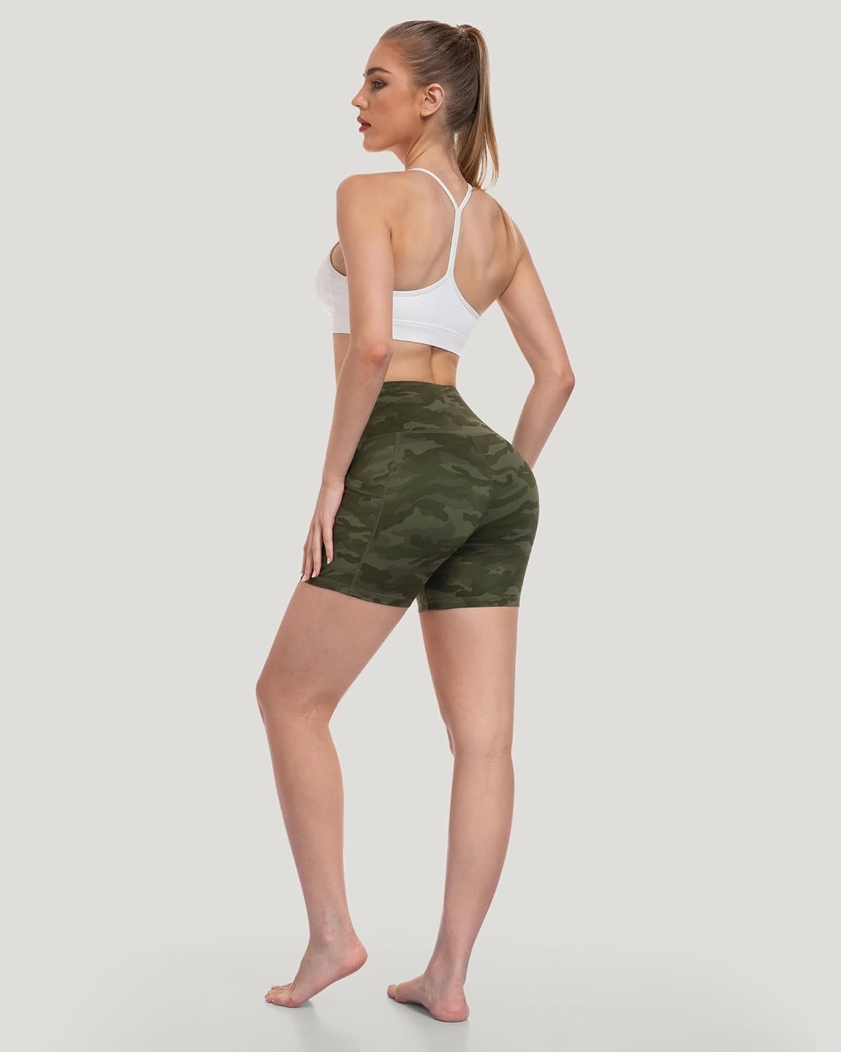 image:imageLZYVOO Women 5 Biker Shorts with Pockets High Waist Tummy Control Workout Yoga ShortsBlackBlackBlackGreyNavyCamo GreenGamo Grey