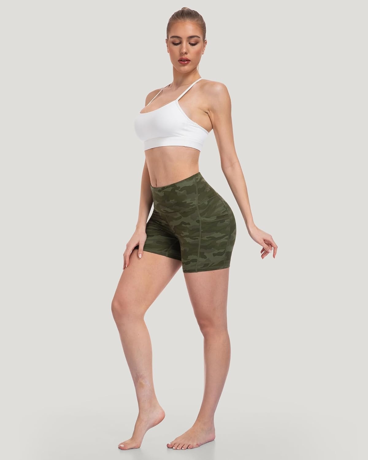 image:imageLZYVOO Women 5 Biker Shorts with Pockets High Waist Tummy Control Workout Yoga ShortsBlackBlackBlackGreyNavyCamo GreenGamo Grey