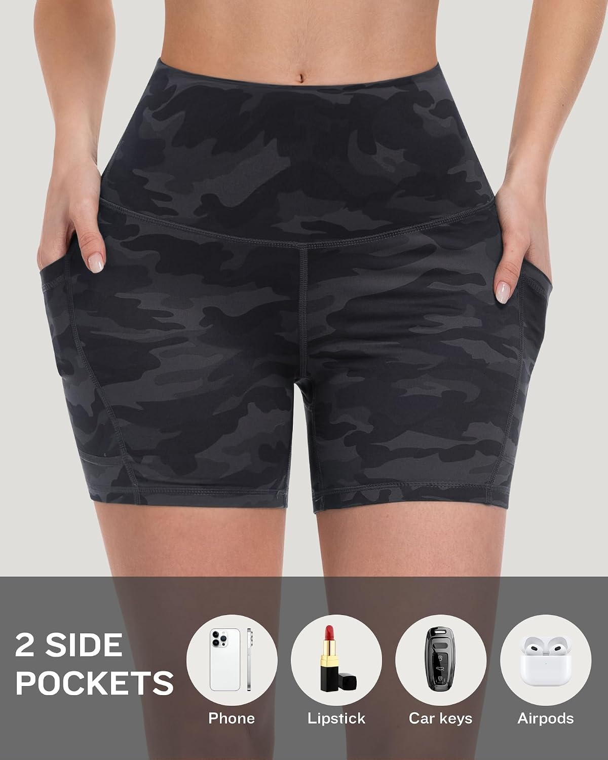image:imageLZYVOO Women 5 Biker Shorts with Pockets High Waist Tummy Control Workout Yoga ShortsBlackBlackBlackGreyNavyCamo GreenGamo Grey