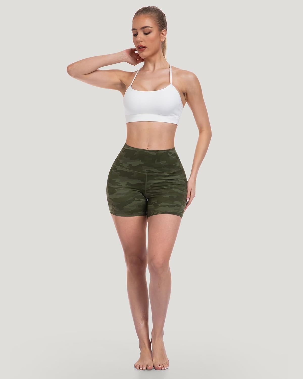 image:imageLZYVOO Women 5 Biker Shorts with Pockets High Waist Tummy Control Workout Yoga ShortsBlackBlackBlackGreyNavyCamo GreenGamo Grey