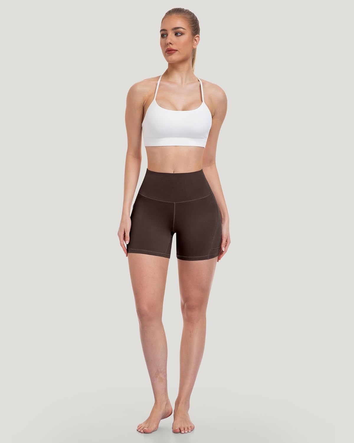 image:imageLZYVOO Women 5 Biker Shorts with Pockets High Waist Tummy Control Workout Yoga ShortsBlackBlackGreyNavyBrownCassisPurple